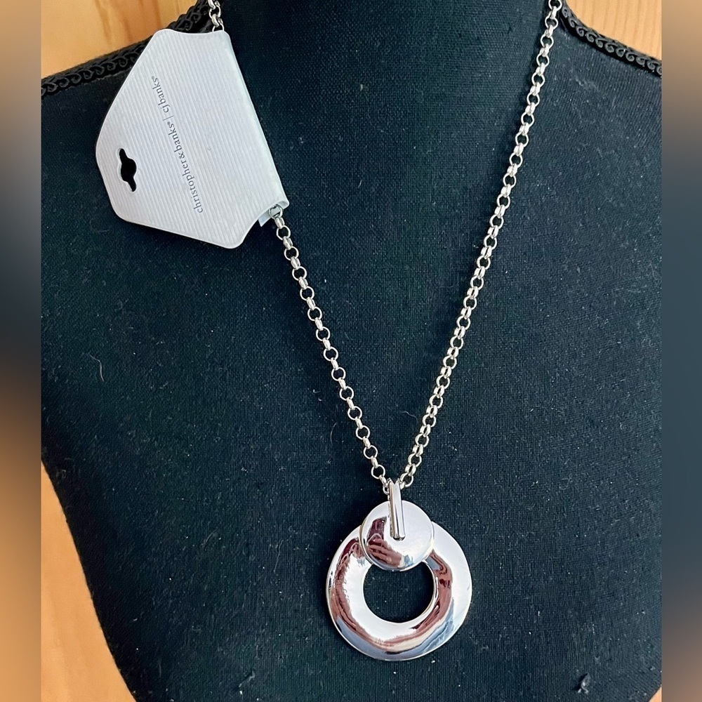 Christopher & Banks Silver Donut Circle Geometric Statement Pendant Necklace 20”